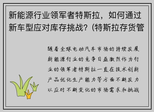 新能源行业领军者特斯拉，如何通过新车型应对库存挑战？(特斯拉存货管理)