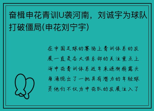 奋楫申花青训U袭河南，刘诚宇为球队打破僵局(申花刘宁宇)
