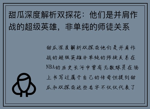 甜瓜深度解析双探花：他们是并肩作战的超级英雄，非单纯的师徒关系