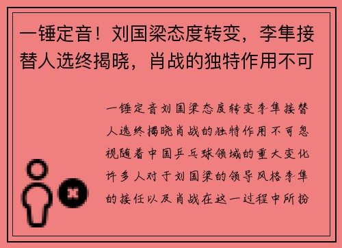 一锤定音！刘国梁态度转变，李隼接替人选终揭晓，肖战的独特作用不可忽视