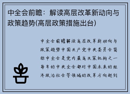中全会前瞻：解读高层改革新动向与政策趋势(高层政策措施出台)