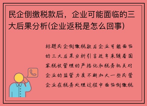 民企倒缴税款后，企业可能面临的三大后果分析(企业返税是怎么回事)
