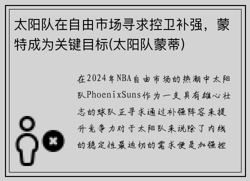 太阳队在自由市场寻求控卫补强，蒙特成为关键目标(太阳队蒙蒂)