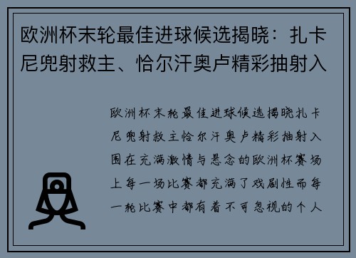 欧洲杯末轮最佳进球候选揭晓：扎卡尼兜射救主、恰尔汗奥卢精彩抽射入围